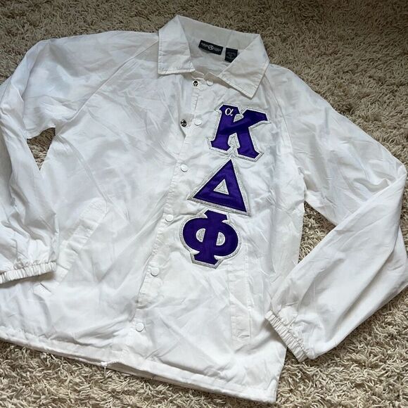 White w Purple alpha Kappa Delta Phi  jacket with the Greek letters down the lef - Picture 1 of 16